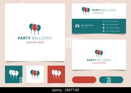 Design del logo party balloons con slogan modificabile. Libro di branding e modello biglietto da visita. Illustrazione Vettoriale