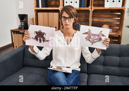 Bruna donna che lavora con rorschach test in psicologia clinica scettica e nervosa, accigliato a causa di problemi. persona negativa. Foto Stock