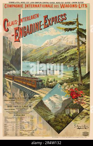 Compagnie internationale des Wagons-lits. Calais- Interlaken - Engadina-Express di F. Hugo d'Alesi (1849-1906). Poster pubblicato nel 1890 in Francia. Foto Stock