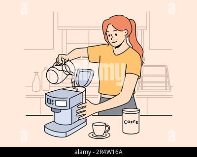 Donna sorridente versa l'acqua nella macchina per preparare il caffè nel dispositivo. Felice femmina preparare gadget per la preparazione del caffè a casa. Concetto di tecnologia. Illustrazione vettoriale. Illustrazione Vettoriale