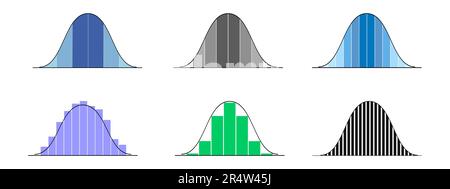 Set di istogrammi di distribuzione gaussiana o normale. Modelli di curve a campana con colonne. Teoria della probabilità. Layout finanziari, statistici o. Illustrazione Vettoriale