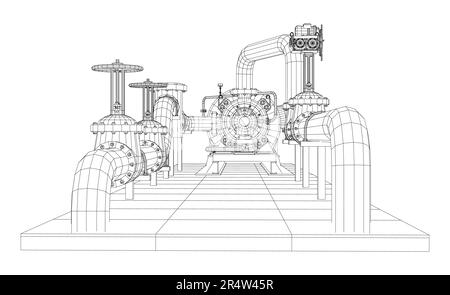 Unità di pompaggio con telaio in filo isolato su bianco. Rendering vettoriale di 3d Illustrazione Vettoriale