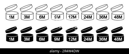 Pacchetto icone PAO. Periodo dopo la segnaletica di apertura. Vasetti con coperchi aperti e numeri di mesi. Tempo di freschezza del prodotto. Etichette cosmetiche, shampoo, validità trucco Illustrazione Vettoriale