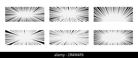 Set di disegni di enfasi fumetti o cartoni animati. Modelli di pagina del libro di Manga. Linee nere a velocità radiale su sfondo trasparente. Sorpresa, attenzione, scoppio Illustrazione Vettoriale