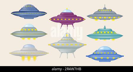 Set di fantastiche navette spaziali 3D. UFO veicolo spaziale alieno di viaggio. Illustrazione vettoriale. Illustrazione Vettoriale