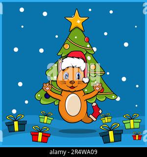 Cute Animal Christmas con Cat Character Design, indossare calzino e cappello Natale. Sfondo del bosco. Perfetto per sfondo, biglietto d'auguri, etichetta e. Illustrazione Vettoriale