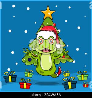 Cute Animal Christmas con Frog Character Design, indossare calzino e cappello Natale. Sfondo del bosco. Perfetto per sfondo, biglietto d'auguri, etichetta An Illustrazione Vettoriale