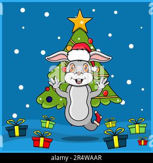 Cute Animal Christmas con coniglio carattere Design, indossare calza e cappello Natale. Sfondo del bosco. Perfetto per sfondo, biglietto d'auguri, etichetta Illustrazione Vettoriale