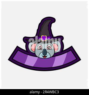 Carino Koala Head personaggio. Per Logo, icone, badge, emblema ed etichetta con Witch Hat. Vettore e illustrazione. Illustrazione Vettoriale