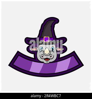 Carino personaggio Rhino Head. Per Logo, icone, badge, emblema ed etichetta con Witch Hat. Vettore e illustrazione. Illustrazione Vettoriale