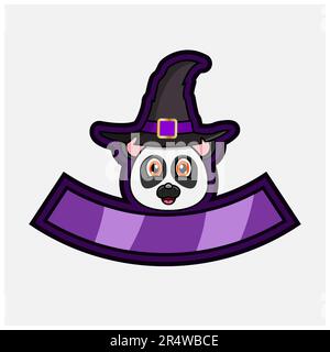 Carino Panda Head personaggio. Per Logo, icone, badge, emblema ed etichetta con Witch Hat. Vettore e illustrazione. Illustrazione Vettoriale