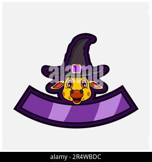 Carino Giraffe Head personaggio. Per Logo, icone, badge, emblema ed etichetta con Witch Hat. Vettore e illustrazione. Illustrazione Vettoriale