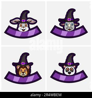 Impostare il carattere testa degli animali carini. Per Logo, icone, badge, emblema ed etichetta con Witch Hat. Coniglio, Rhino, Leone e Panda. Vettore e illustrazione. Illustrazione Vettoriale