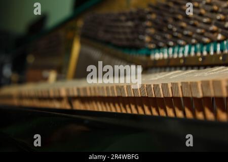 Primo piano delle parti interne di un pianoforte o di un pianoforte a coda. Messa a fuoco selettiva. Dettagli dello strumento musicale dall'interno. Martelli e corde in Foto Stock