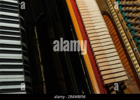 Primo piano delle parti interne di un pianoforte o di un pianoforte a coda. Messa a fuoco selettiva. Dettagli dello strumento musicale dall'interno. Martelli e corde in Foto Stock