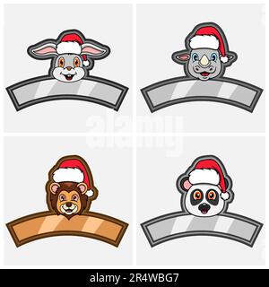 Impostare il carattere testa degli animali carini. Per Logo, icone ed etichette con cappello di Natale. Coniglio, Rhino, Leone e Panda. Vettore e illustrazione. Illustrazione Vettoriale
