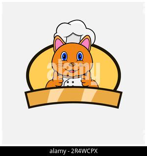 Carino gatto Chef e tema di cucina. Mascotte, personaggio, logo, etichetta e icona. Vettore e illustrazione. Illustrazione Vettoriale