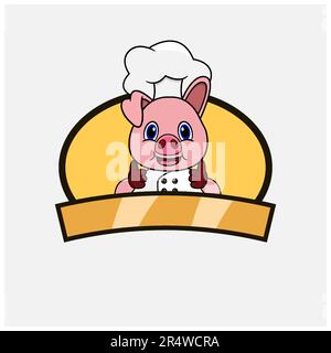 Cute Pig Chef e tema di cottura. Mascotte, personaggio, logo, etichetta e icona. Vettore e illustrazione. Illustrazione Vettoriale