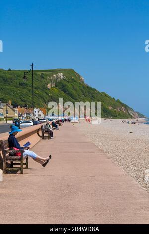 Persone che si rilassano a Seaton Beach a Seaton, Devon, Regno Unito nel mese di maggio Foto Stock