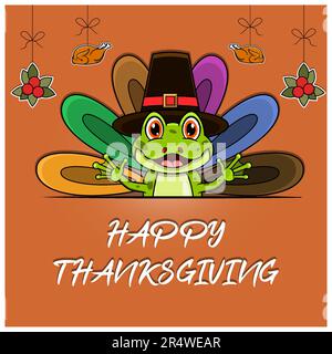 Felice biglietto di auguri per il Ringraziamento, poster o volantino Celebration Design con personaggio Frog. Vettore e illustrazione. Illustrazione Vettoriale