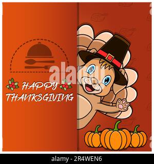 Scheda di ringraziamento con disegno del carattere del cane. Felice Ringraziamento. Perfetto per biglietti d'auguri, poster o Flyer Celebration Design. Illustrazione vettoriale. Illustrazione Vettoriale