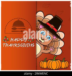 Scheda di ringraziamento con il disegno del carattere dell'orso. Felice Ringraziamento. Perfetto per biglietti d'auguri, poster o Flyer Celebration Design. Illustrazione vettoriale. Illustrazione Vettoriale