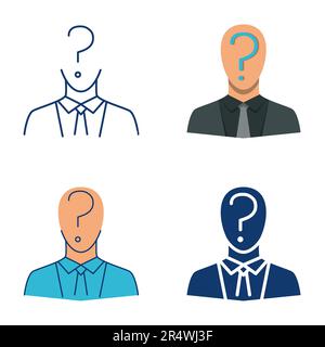 Icona persona sconosciuta impostata in stile piatto e linea. Simbolo uomo non identificato. Anonimo uomo con punto interrogativo. Illustrazione vettoriale. Illustrazione Vettoriale