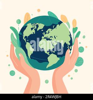 Mani che tengono una terra verde del globo. Concetto del giorno della terra. illustrazione vettoriale isolata per poster, banner, stampa, web. Salvare il pianeta,ambiente. Illustrazione Vettoriale