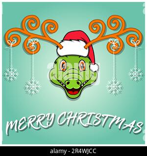 Carino Crocodile testa Cartoon carta di Natale. Cappello e Natale divertente. Vettore e illustrazione. Illustrazione Vettoriale
