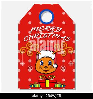 Buon Natale Felice anno nuovo etichetta disegnata a mano con Carse Cat Head Character Design. Vettore e illustrazione. Illustrazione Vettoriale
