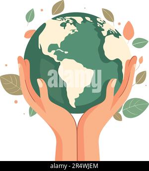 Mani che tengono un globo verde, terra. Concetto del giorno della terra. Illustrazione vettoriale del giorno della Terra per poster, banner, stampa, web. Salvare il pianeta,ambiente. salva Illustrazione Vettoriale