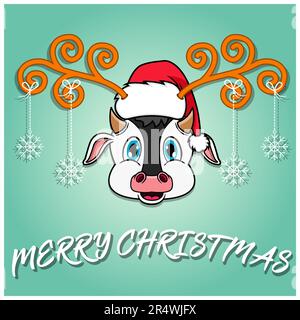 Carino Cow Head Cartoon carta di Natale. Cappello e Natale divertente. Vettore e illustrazione. Illustrazione Vettoriale