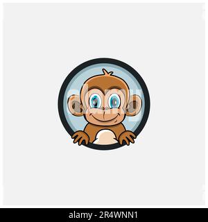 Funny Monkey Head Character Design. Ideale per logo, etichette, modelli e icone. Vettore e illustrazione. Illustrazione Vettoriale