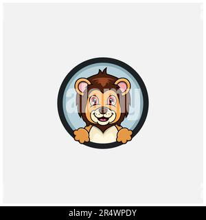 Design divertente del personaggio di Lion Head. Ideale per logo, etichette, modelli e icone. Vettore e illustrazione. Illustrazione Vettoriale