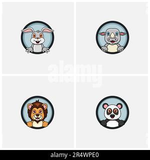 Animali divertenti testa personaggio Set di progettazione. Coniglio, Rhino, Leone e Panda. Per Logo, etichette, icone, ispirazione e Design modello. Vettore e Illustratio Illustrazione Vettoriale