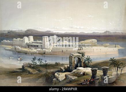 Vista generale dell'isola di Filae, novembre 1838 di Nubia. Dopo acquerello di David Roberts (1796-1864) artista scozzese e orientalista. Tempio Antico Egitto Archeologia religione Mitologia rovina Foto Stock