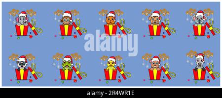 Simpatici animali in regalo con il cappello Babbo Natale. Per background, modello, icona, Banner e Inspiration Design. Vettore e illustrazione. Illustrazione Vettoriale
