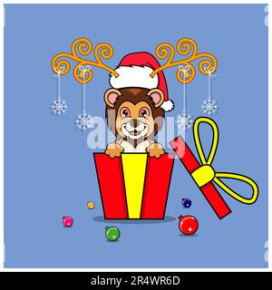 Leone carino in regalo con cappello di Babbo Natale. Per sfondo, modello, icona, banner, invito, Biglietto d'auguri, disegno d'ispirazione e volantino. Vettore e il Illustrazione Vettoriale