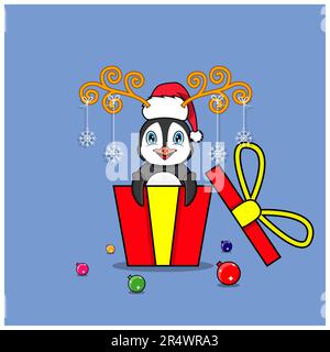 Pinguino carino in regalo con cappello di Babbo Natale. Per sfondo, modello, icona, banner, invito, Biglietto d'auguri, disegno d'ispirazione e volantino. Vettore e. Illustrazione Vettoriale