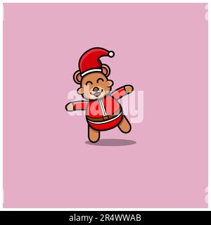 Grazioso orso bambino che indossa il costume di Santa ed emozione felice. Carattere, Logo, icona, Cartoon e Inspiration Design. Vettore e illustrazione. Illustrazione Vettoriale