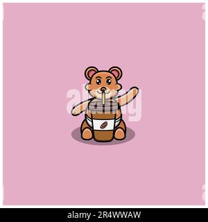 Grazioso Baby Bear drink caffè. Carattere, Logo, icona, Cartoon e Inspiration Design. Vettore e illustrazione. Illustrazione Vettoriale