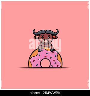 Carino Buffalo con ciambelle grandi. Vettore e illustrazione Illustrazione Vettoriale