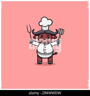 Carino Buffalo con costume da chef. Vettore e illustrazione Illustrazione Vettoriale