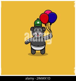 Cute Baby King Kong portare Balloons. Personaggio, mascotte, icona, Logo, Cartoon e Cute Design. Vettore e illustrazione. Illustrazione Vettoriale
