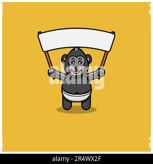 Cute Baby King Kong con Big Blank Banner. Personaggio, mascotte, icona, Logo, Cartoon e Cute Design. Vettore e illustrazione. Illustrazione Vettoriale