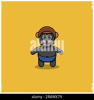 Cute Baby King Kong che indossa il casco. Personaggio, mascotte, icona, Logo, Cartoon e Cute Design. Vettore e illustrazione. Illustrazione Vettoriale