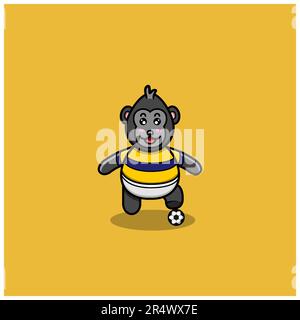 Cute Baby King Kong con calcio. Personaggio, mascotte, icona, Logo, Cartoon e Cute Design. Vettore e illustrazione. Illustrazione Vettoriale