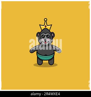 Cute Baby King Kong con Corona. Personaggio, mascotte, icona, Logo, Cartoon e Cute Design. Vettore e illustrazione. Illustrazione Vettoriale