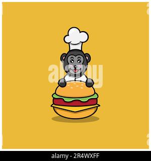 Simpatico Chef Baby King Kong su hamburger. Personaggio, mascotte, icona, Logo, Cartoon e Cute Design. Vettore e illustrazione. Illustrazione Vettoriale