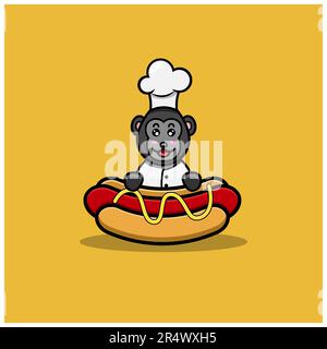Simpatico Chef King Kong su Hot Dog. Personaggio, mascotte, icona, Logo, Cartoon e Cute Design. Vettore e illustrazione. Illustrazione Vettoriale